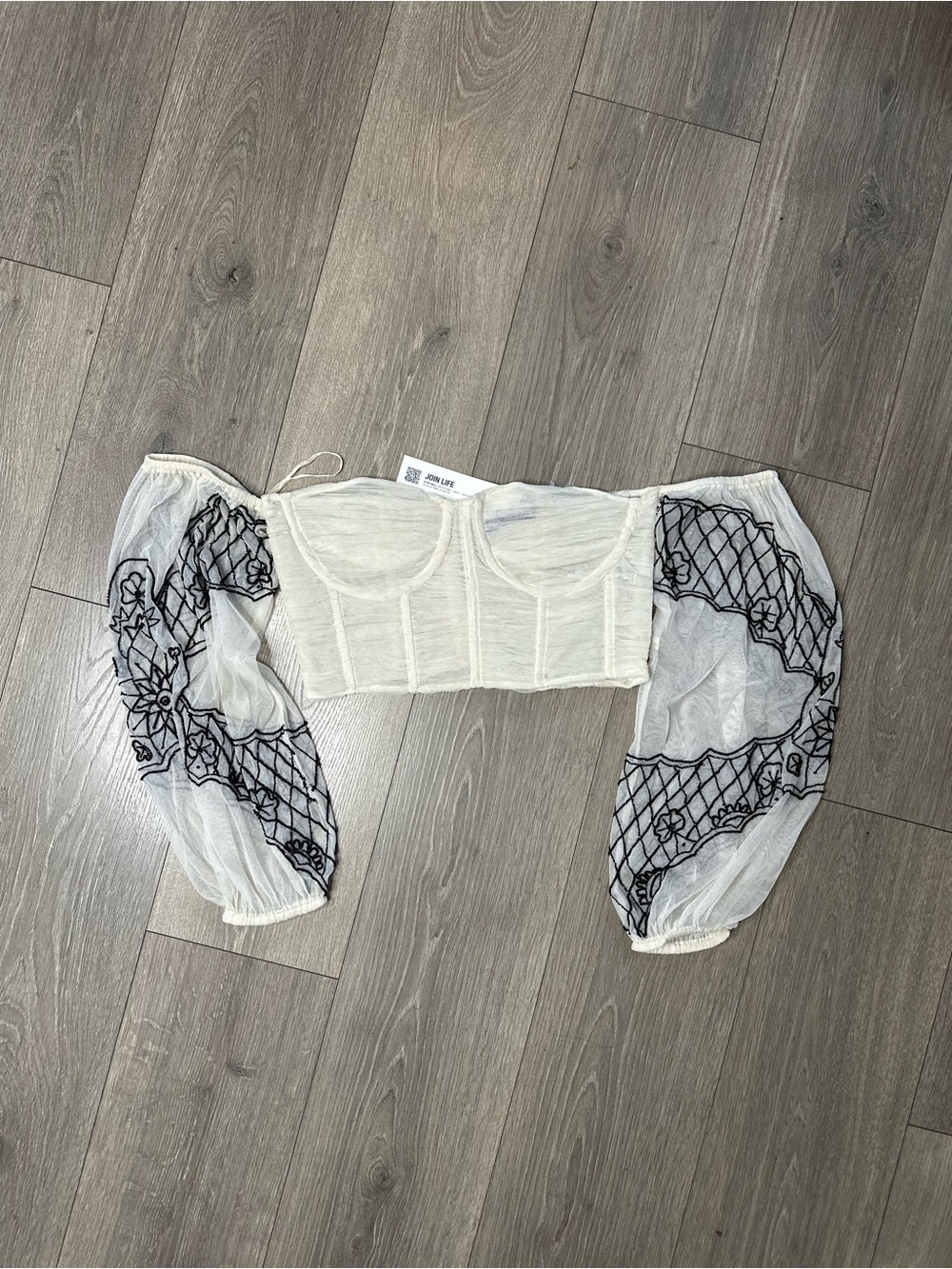 Zara Cream Crop Top with Black Embroidered Sheer Puff Sleeves